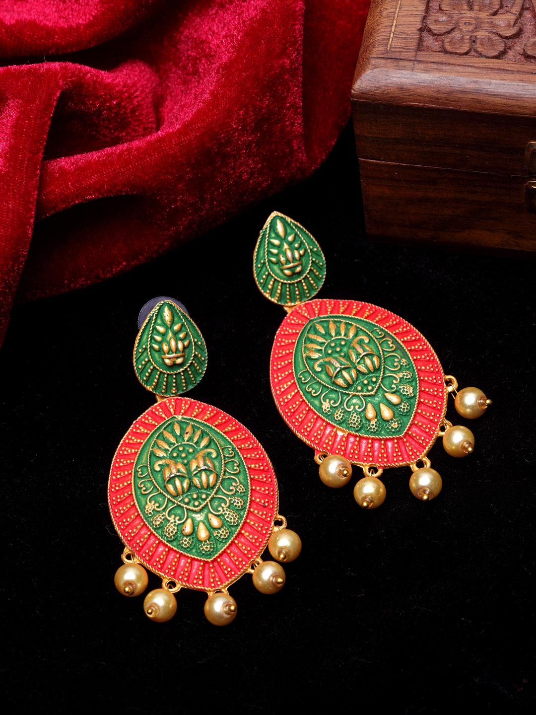 

PANASH Gold-Toned & Green Contemporary Drop Earrings