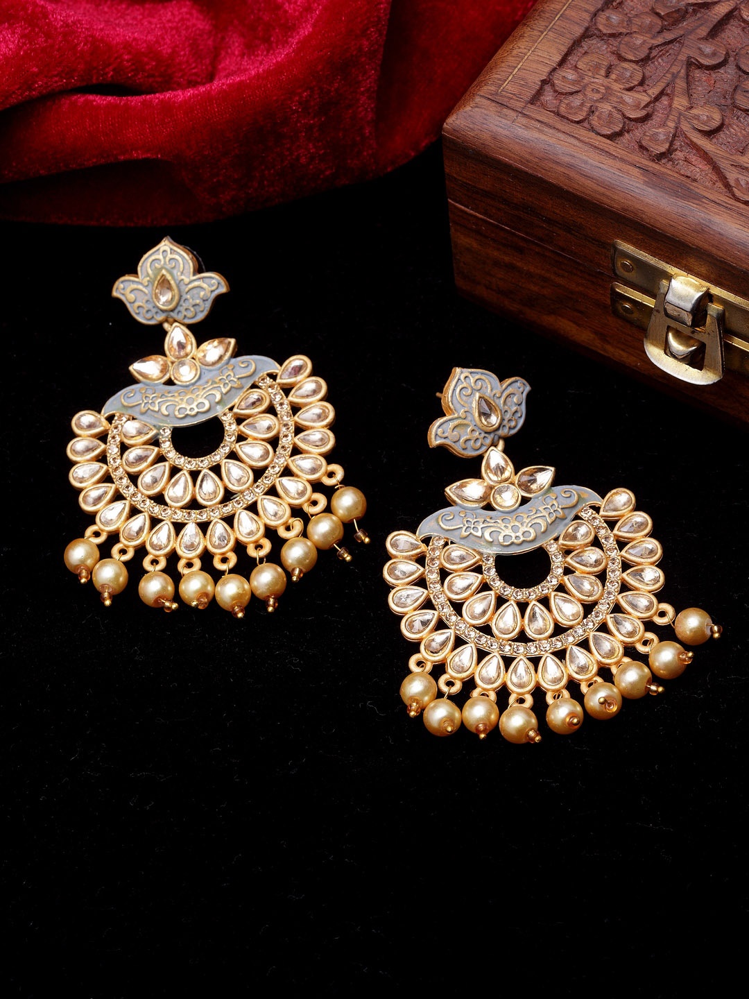 

PANASH Gold-Toned & Grey Crescent Shaped Handcrafted Kundan Stones Drop Earrings