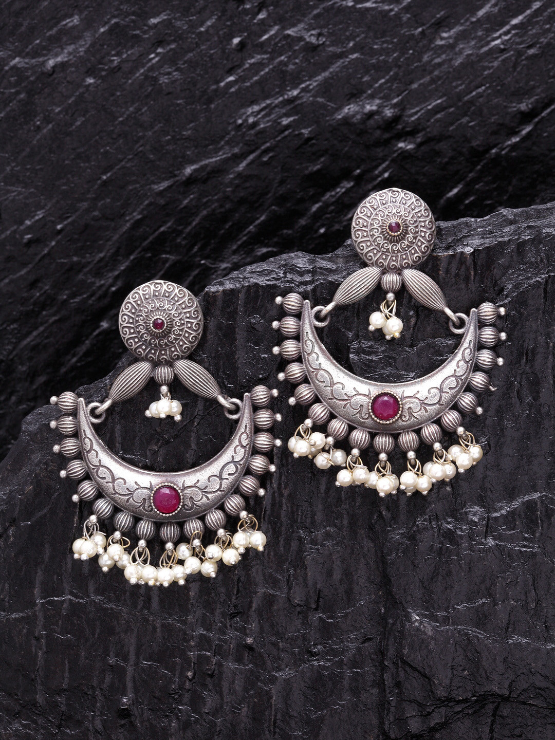 

PANASH Silver-Plated & Pink Crescent Shaped Drop Earrings