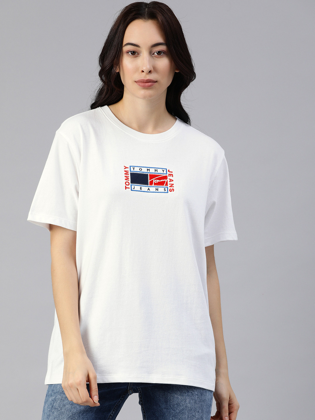

Tommy Hilfiger Women White Solid Relaxed Fit Organic Cotton Round Neck T-shirt