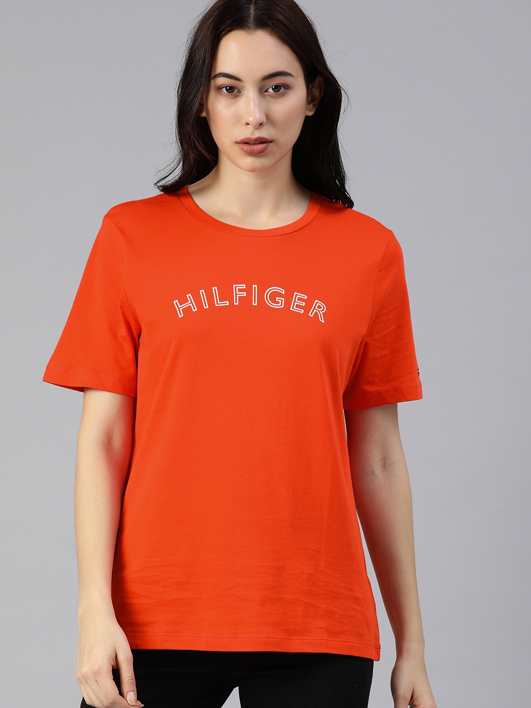 

Tommy Hilfiger Women Orange Printed Round Neck Pure Cotton T-shirt
