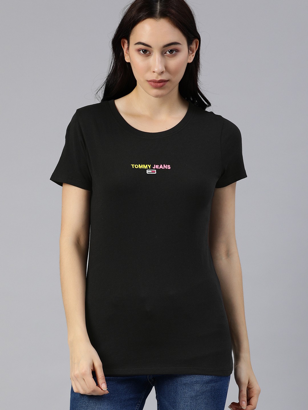 

Tommy Hilfiger Women Black Solid Round Neck Pure Cotton T-shirt
