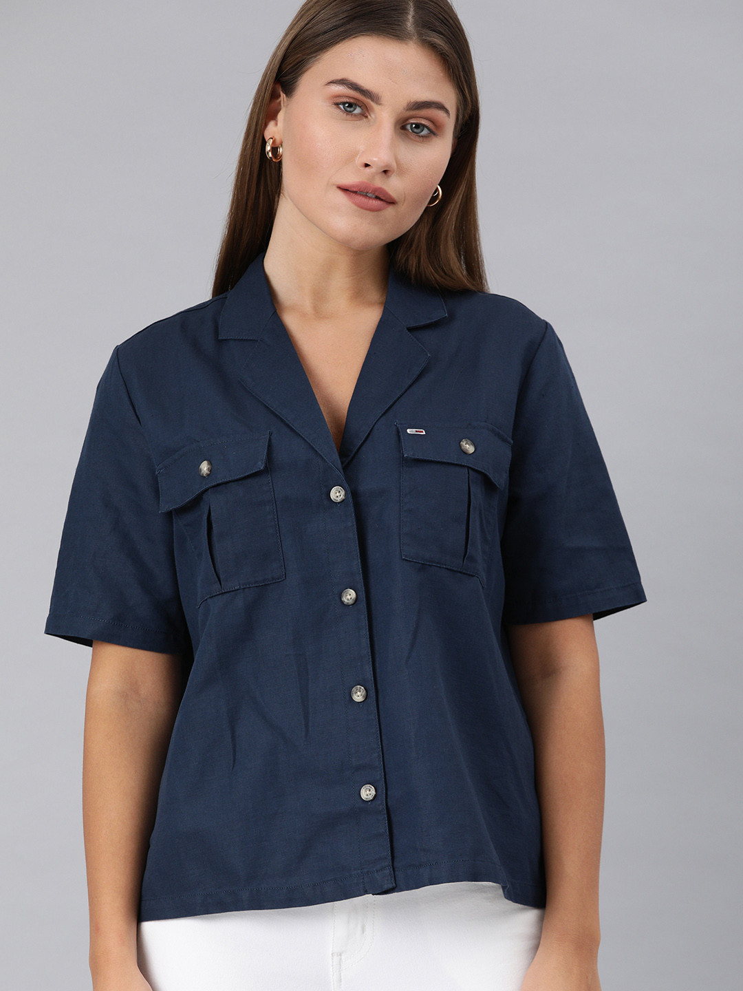 

Tommy Hilfiger Women Navy Blue Regular Fit Solid Cuban Collar Casual Shirt