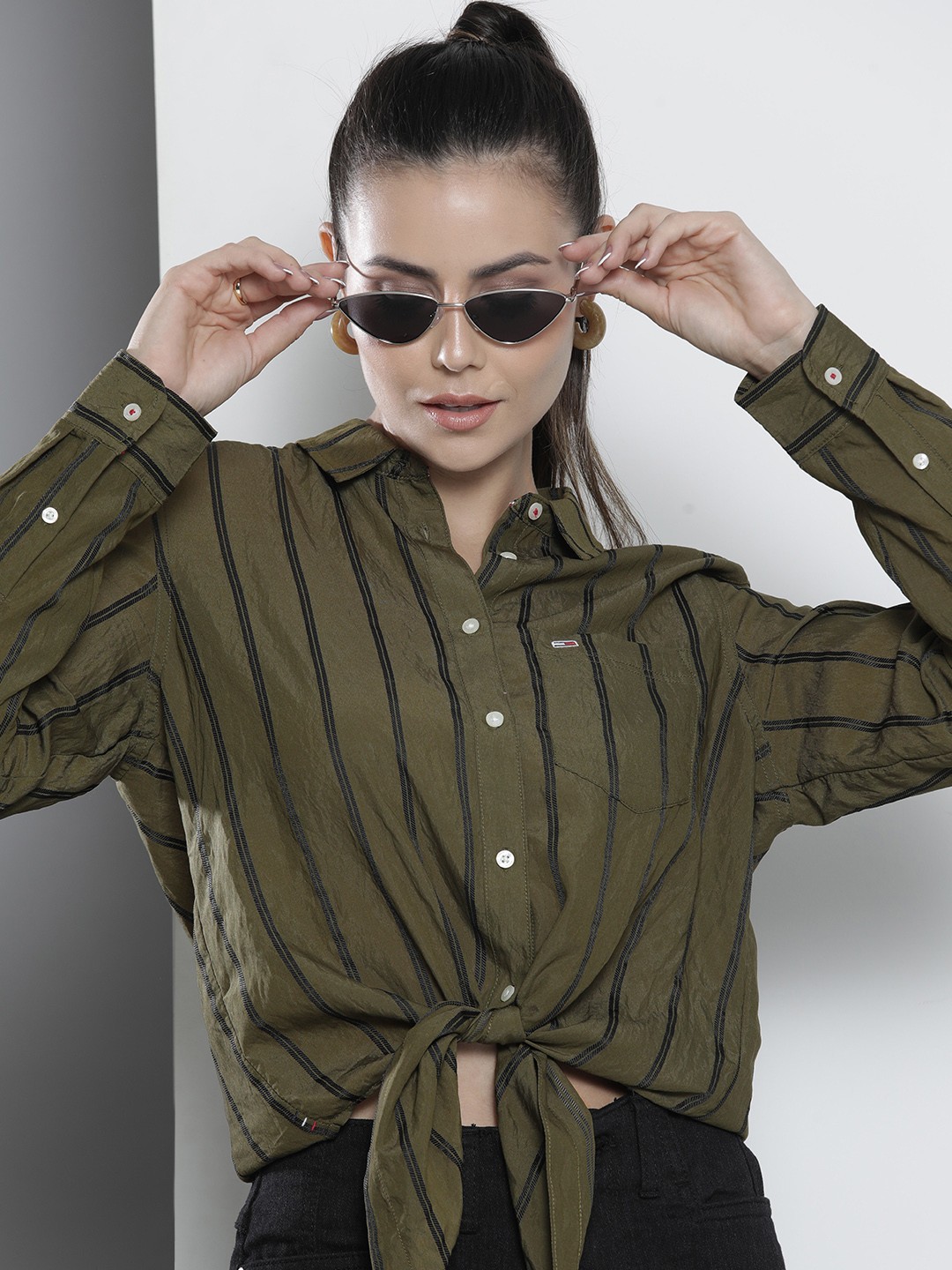 

Tommy Hilfiger Women Olive Green & Black Striped Crop Casual Shirt