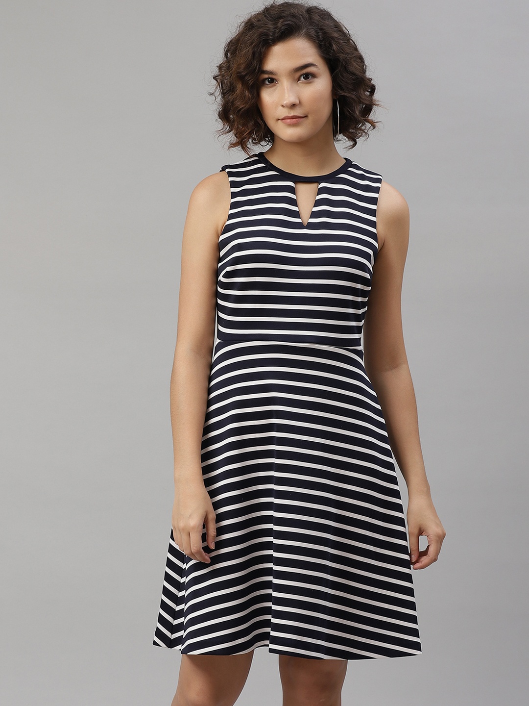 

Tommy Hilfiger Black & White Striped Keyhole Neck A-Line Dress