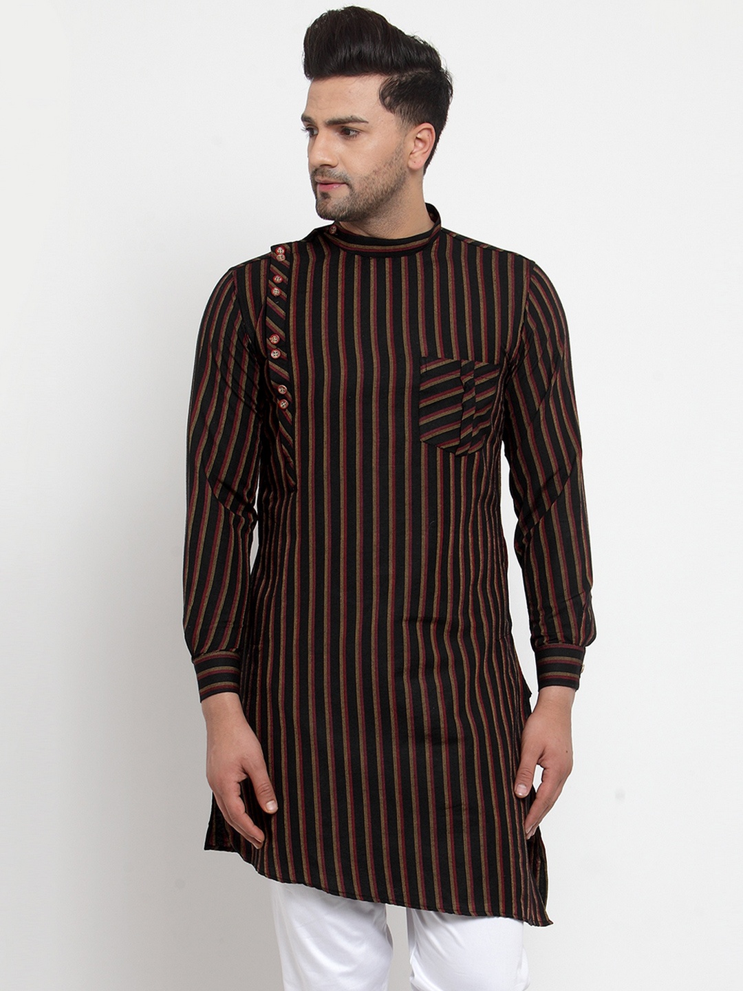 

KLOTTHE Men Black & Beige Striped A-Line Kurta