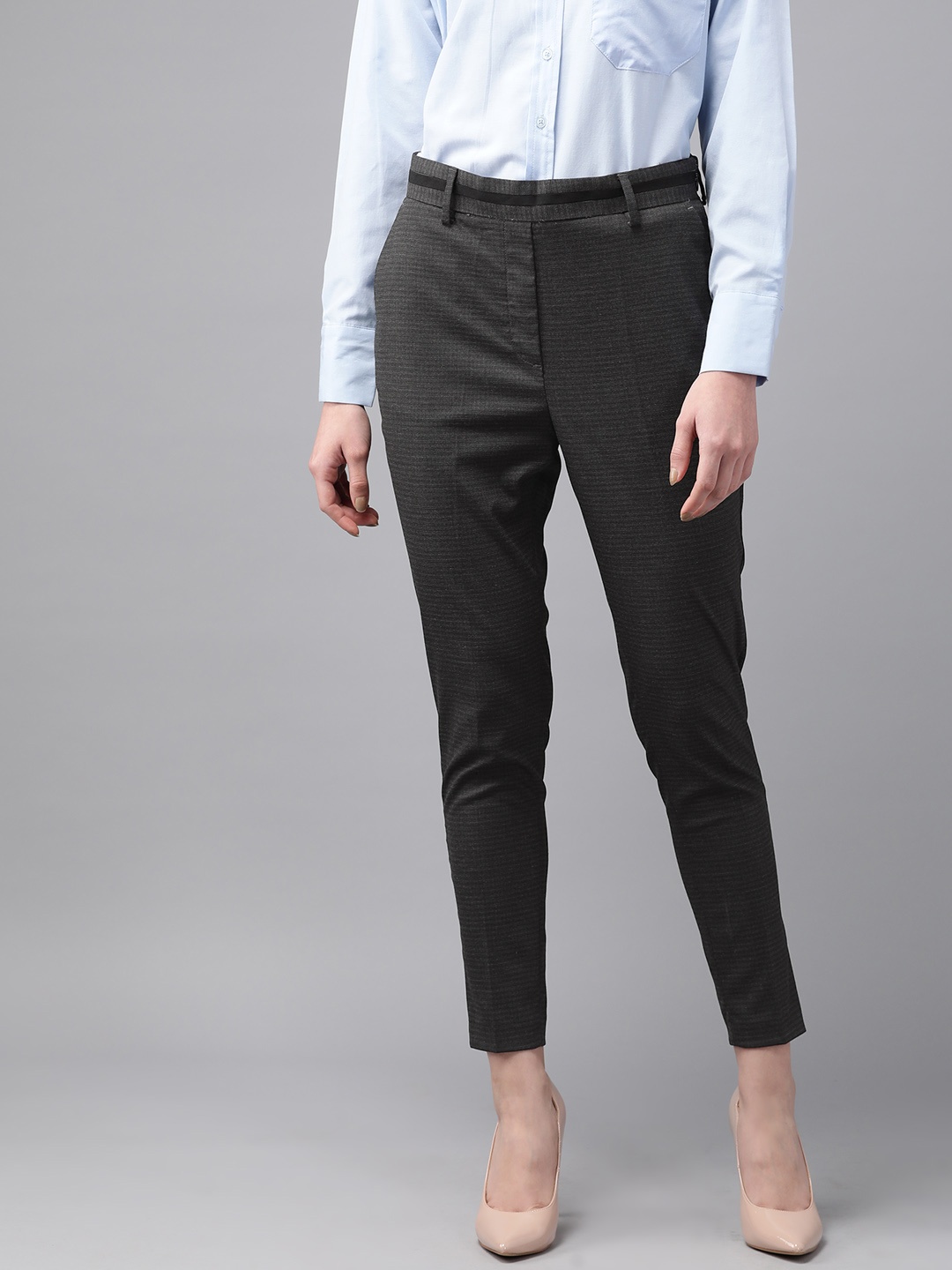 

Park Avenue Women Textured Tapered Fit Cropped Formal Trousers, Charcoal