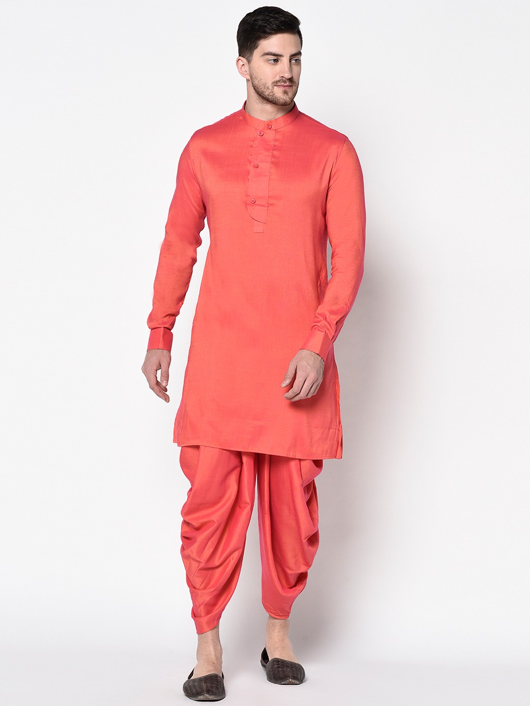 

DEYANN Men Coral Pink Solid Kurta with Dhoti Pants