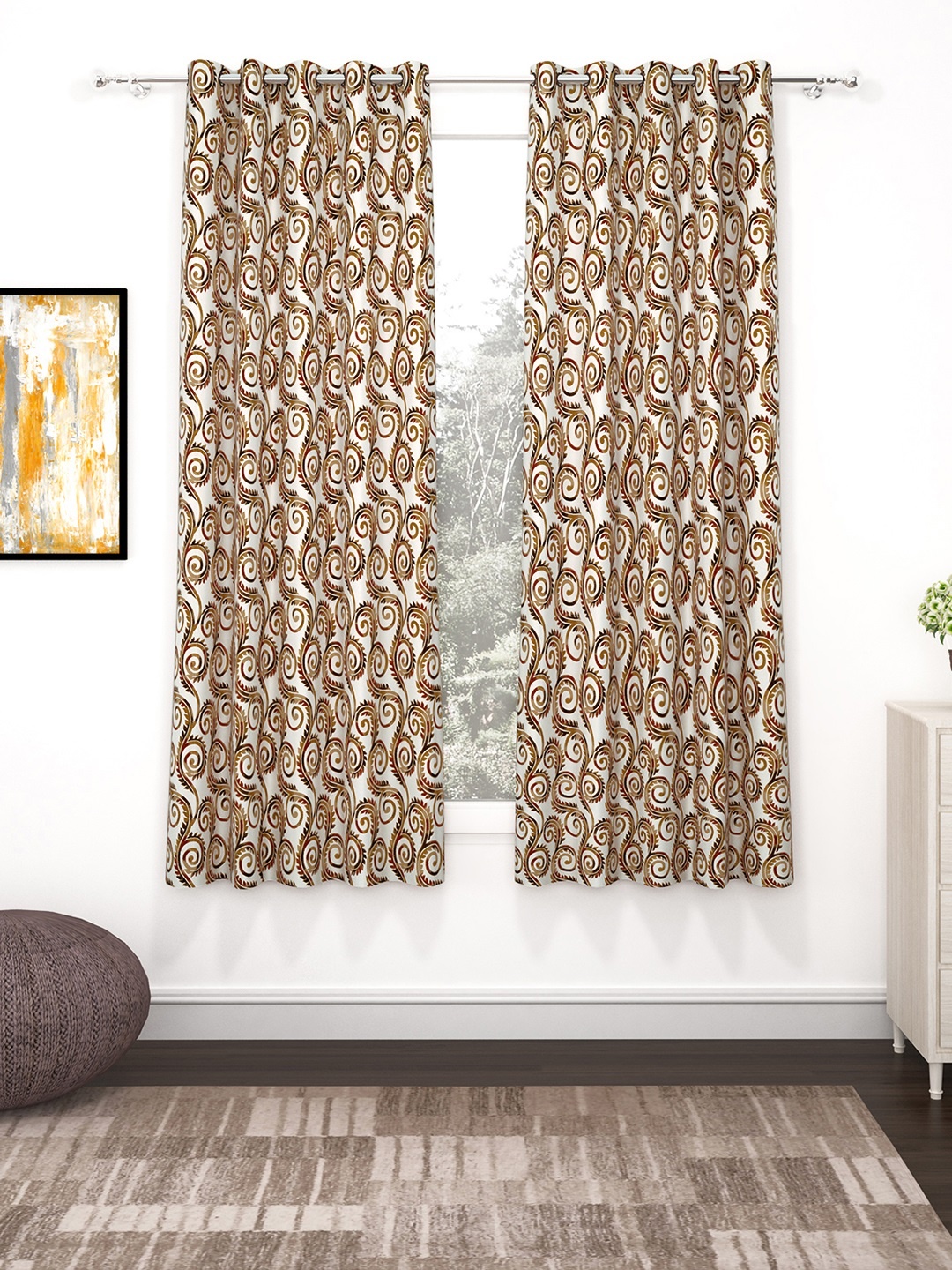 

Bedspun Cream-Coloured & Brown Set of 2 Polyetser Eyelet Ringtop Window Curtains-5 feet