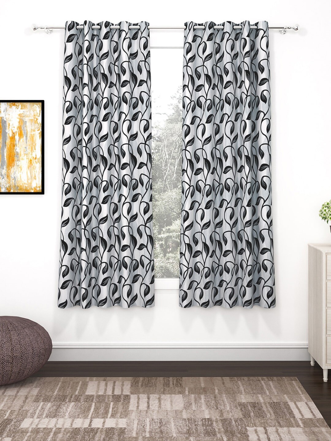 

Bedspun Set Of 2 Black & White Printed Polyester Eyelet Ringtop Window Curtains-5 feet
