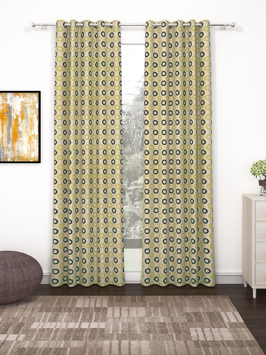 

Bedspun Beige & Green Set of 2 Curtain Curtains