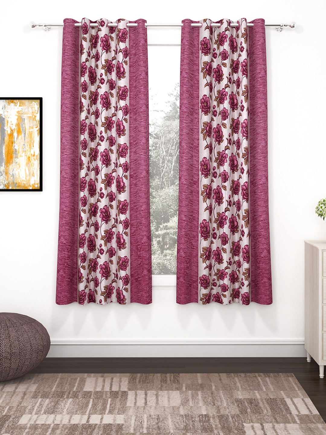 

Bedspun Pink & Off-White Set of 2 Polyester Eyelet Ringtop Window Curtains-5 feet