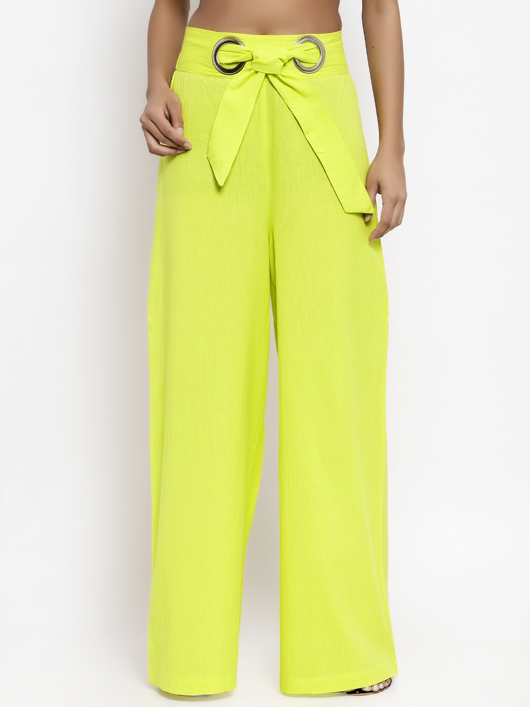 

THE SILHOUETTE STORE Women Lime Green Flared Solid Cotton Parallel Trousers