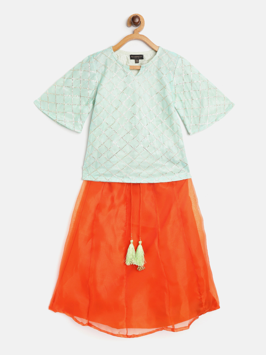 

Readiprint Fashions Girls Sea Green & Orange Gotta Patti Kurti with Skirt