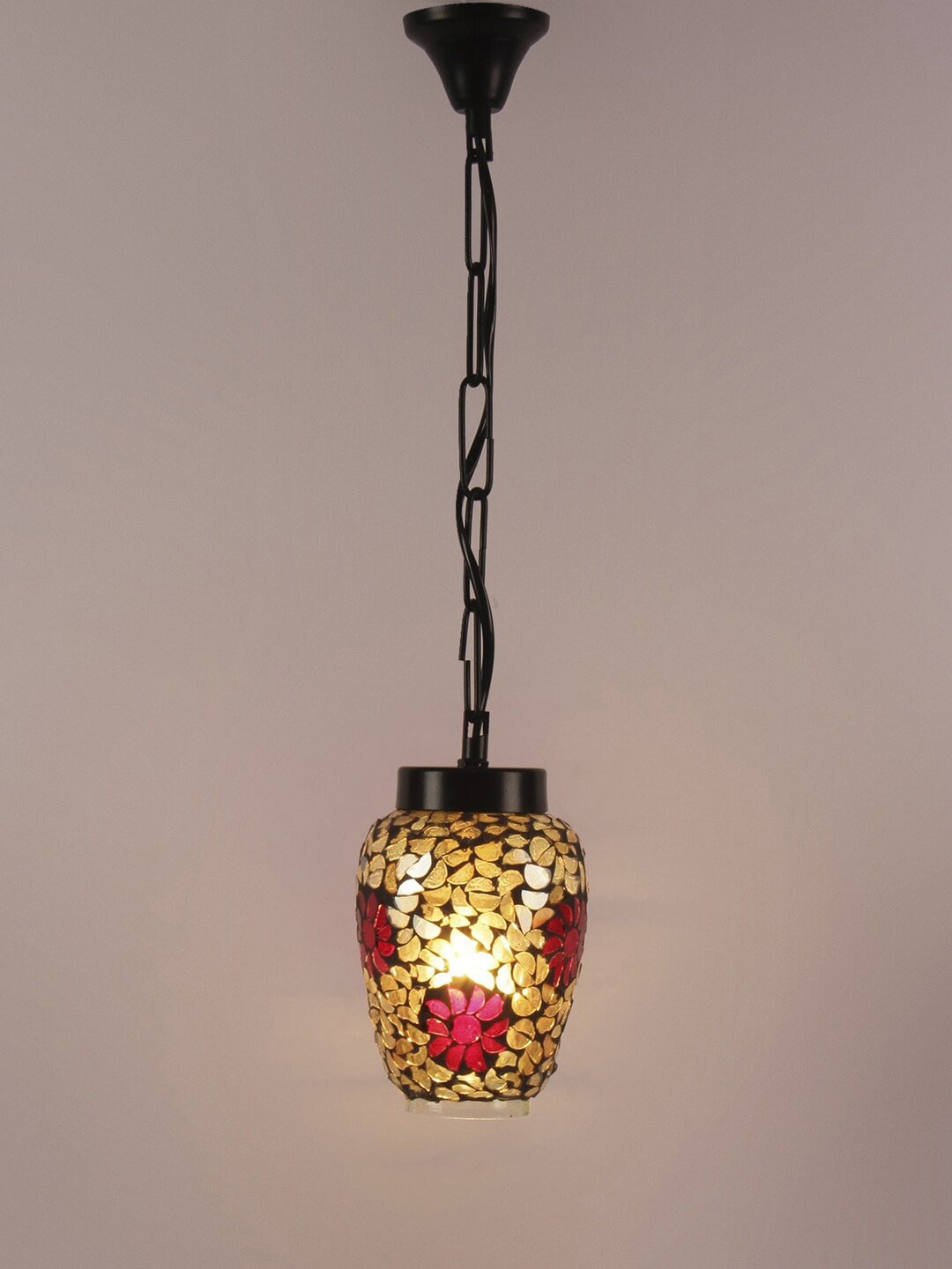 

Devansh Red & Gold-Toned Mosaic Pattern Traditional Glass Hanging Lamp