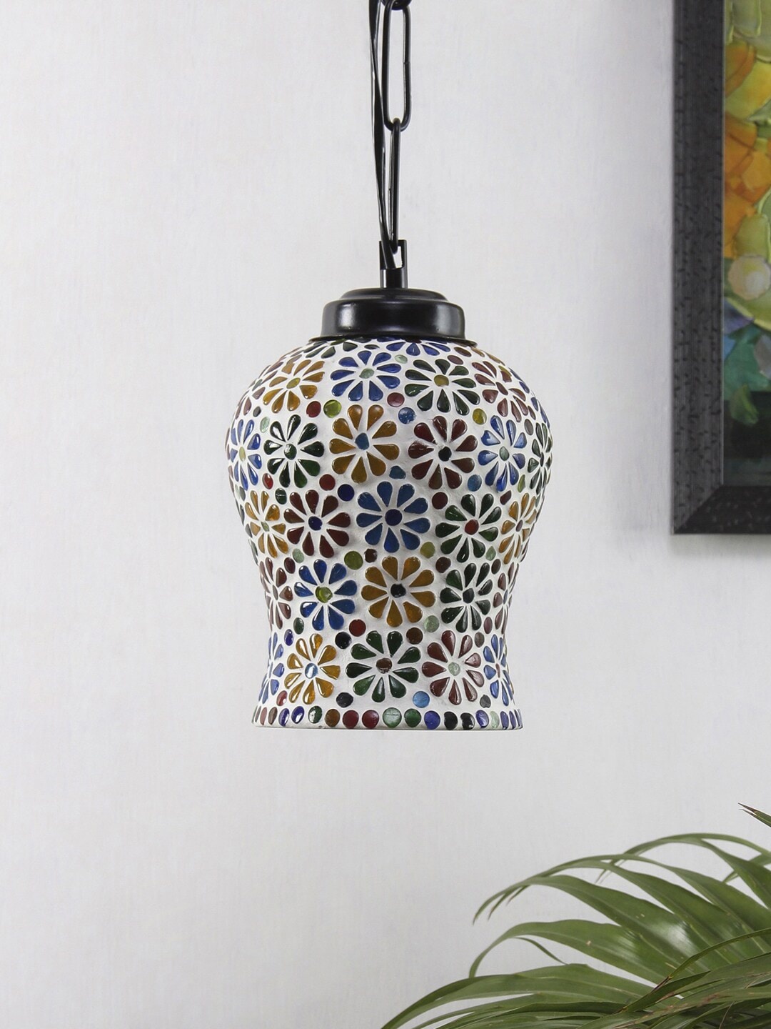 

Devansh Yellow & Red Self Design Mosaic Glass Hanging Light