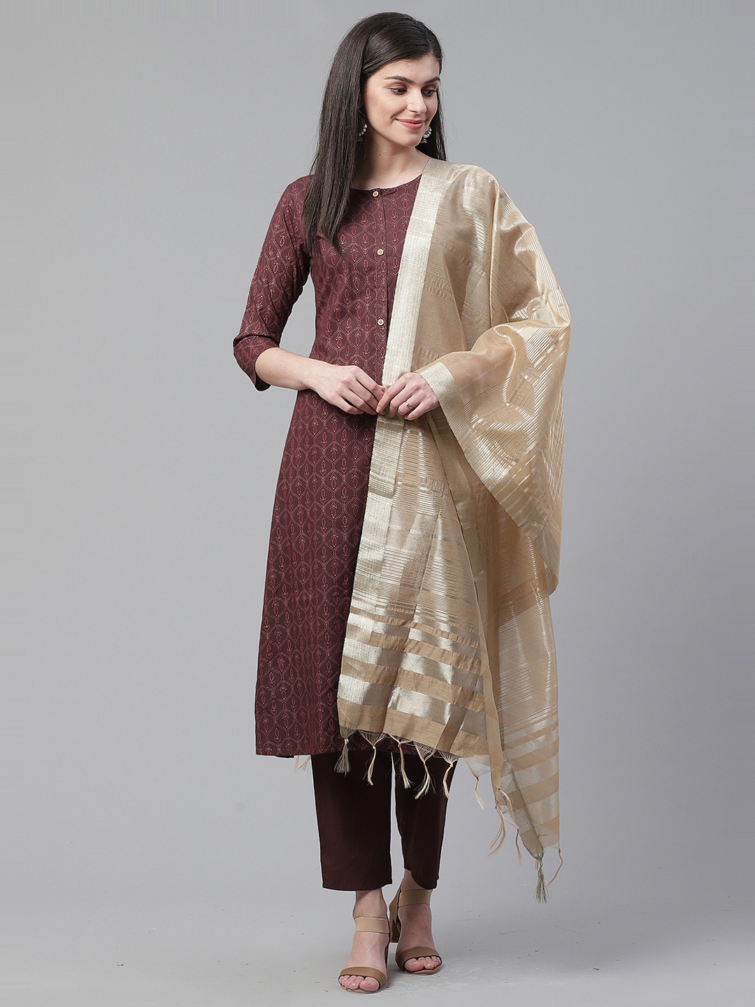 

Indo Era Women Brown Foil Printed Kurta with Trousers & Dupatta