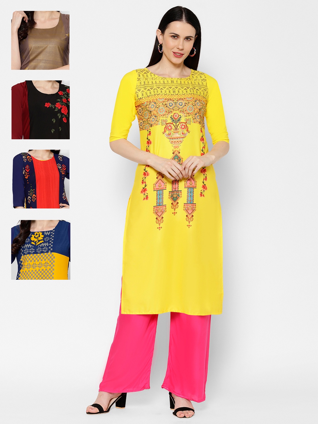 

7Threads Women Pack Of 5 Yellow & Gold-Toned Printed Straight Kurta