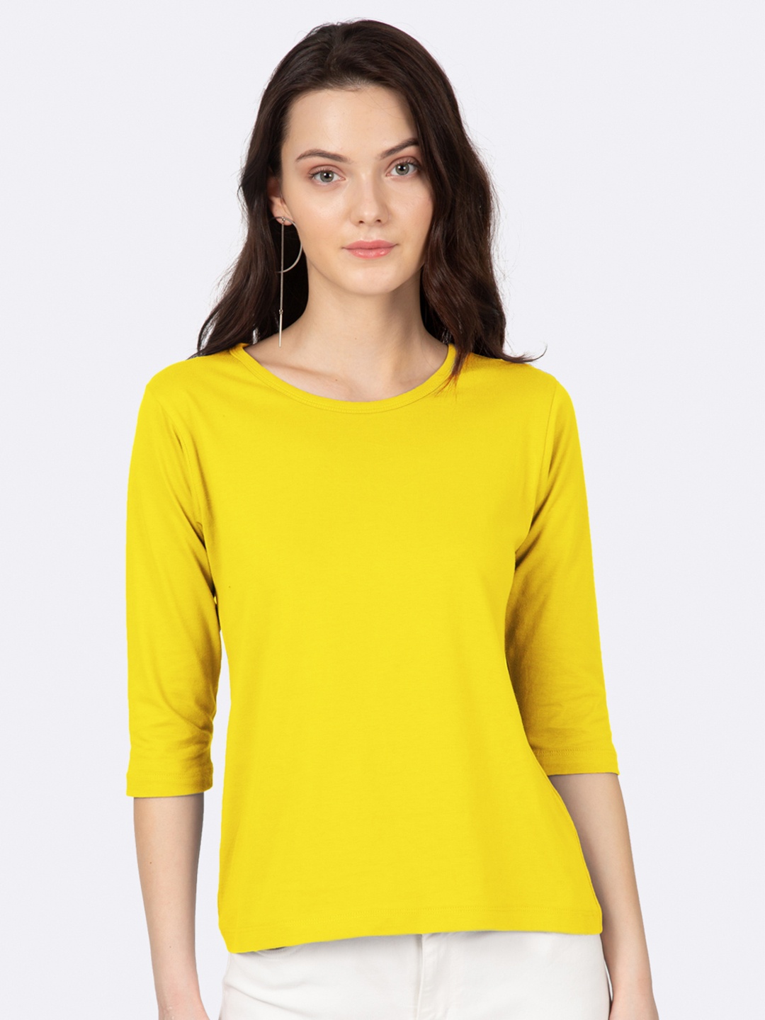 

Bewakoof Women Yellow Solid Round Neck Slim Fit T-shirt