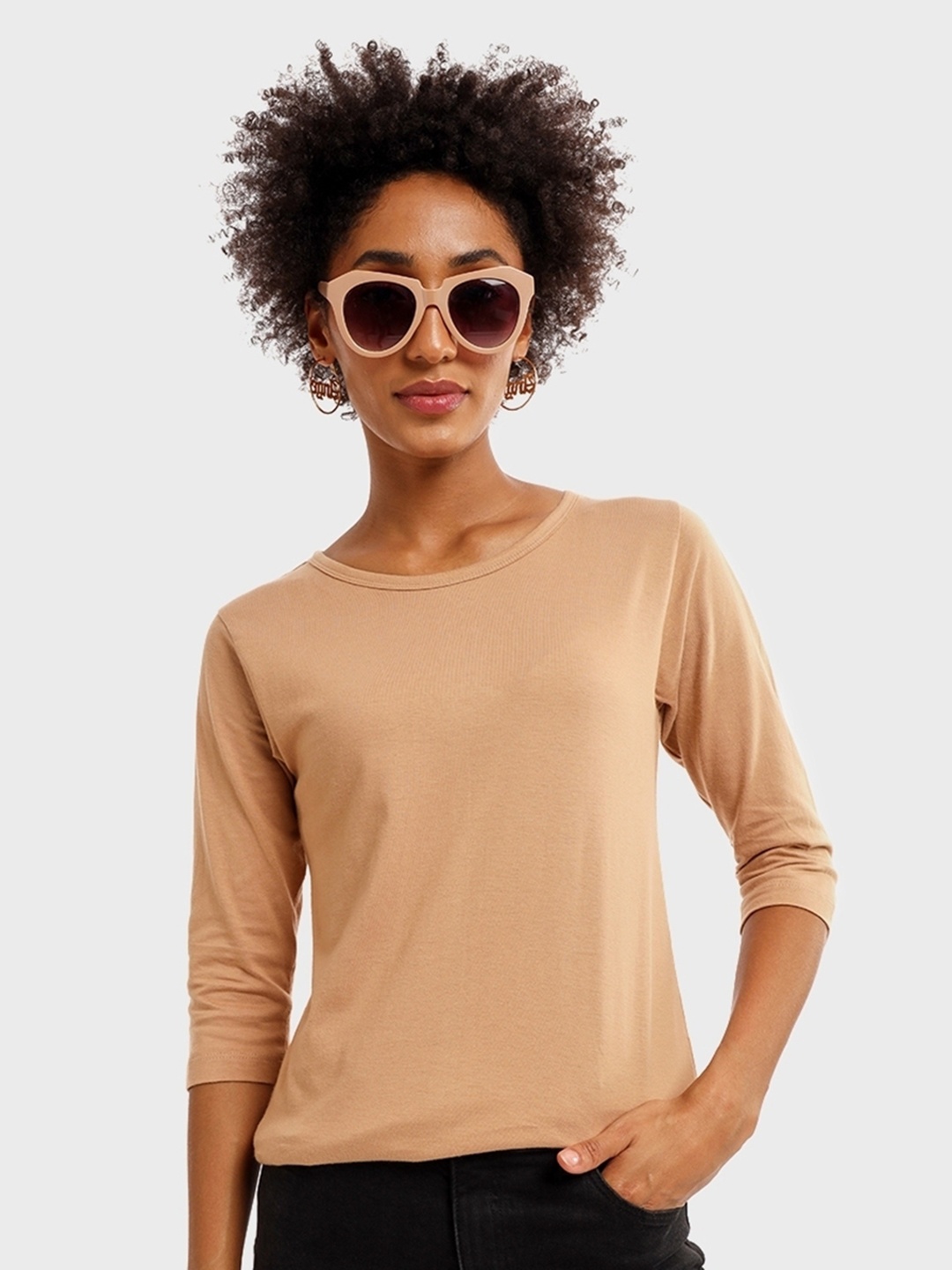 Bewakoof Women Pastel Beige Slim Fit T-Shirt, Brown