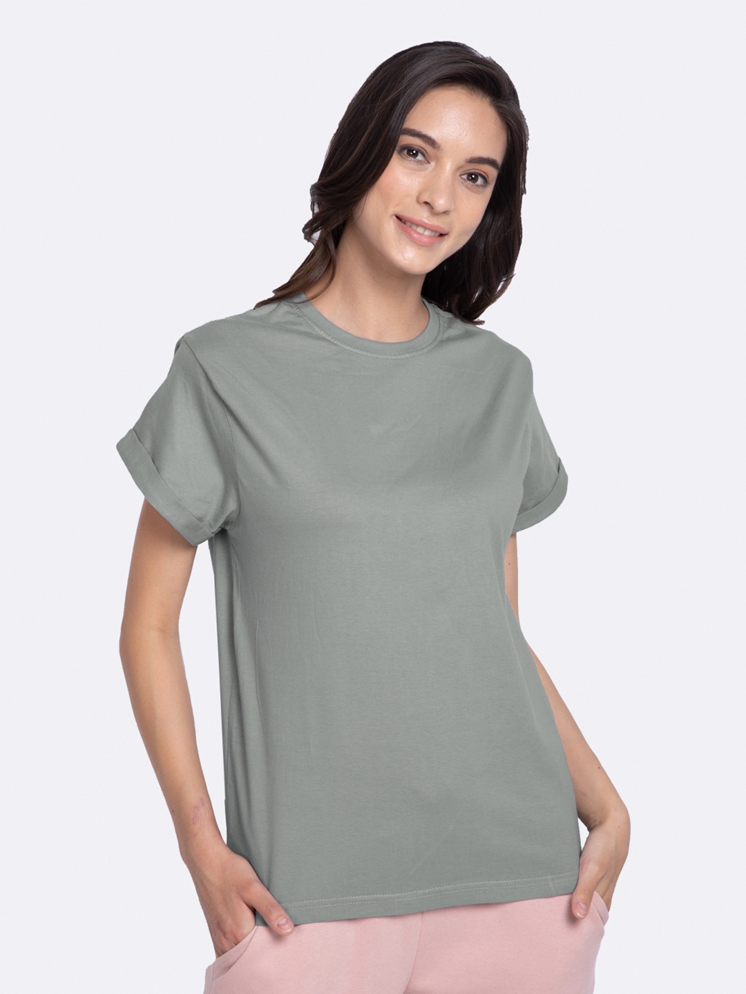 

Bewakoof Women Grey Solid Round Neck T-shirt