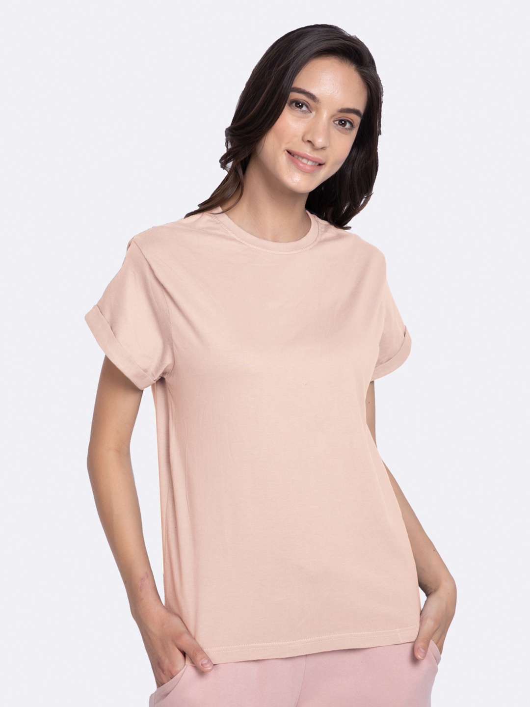 

Bewakoof Women Pink Solid Round Neck T-shirt
