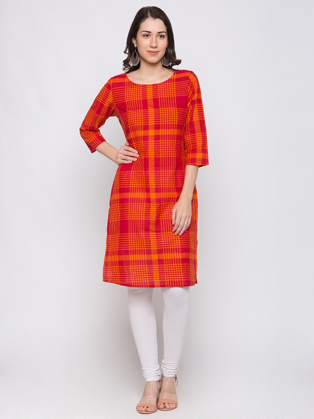 

Globus Women Orange Checked Straight Kurta