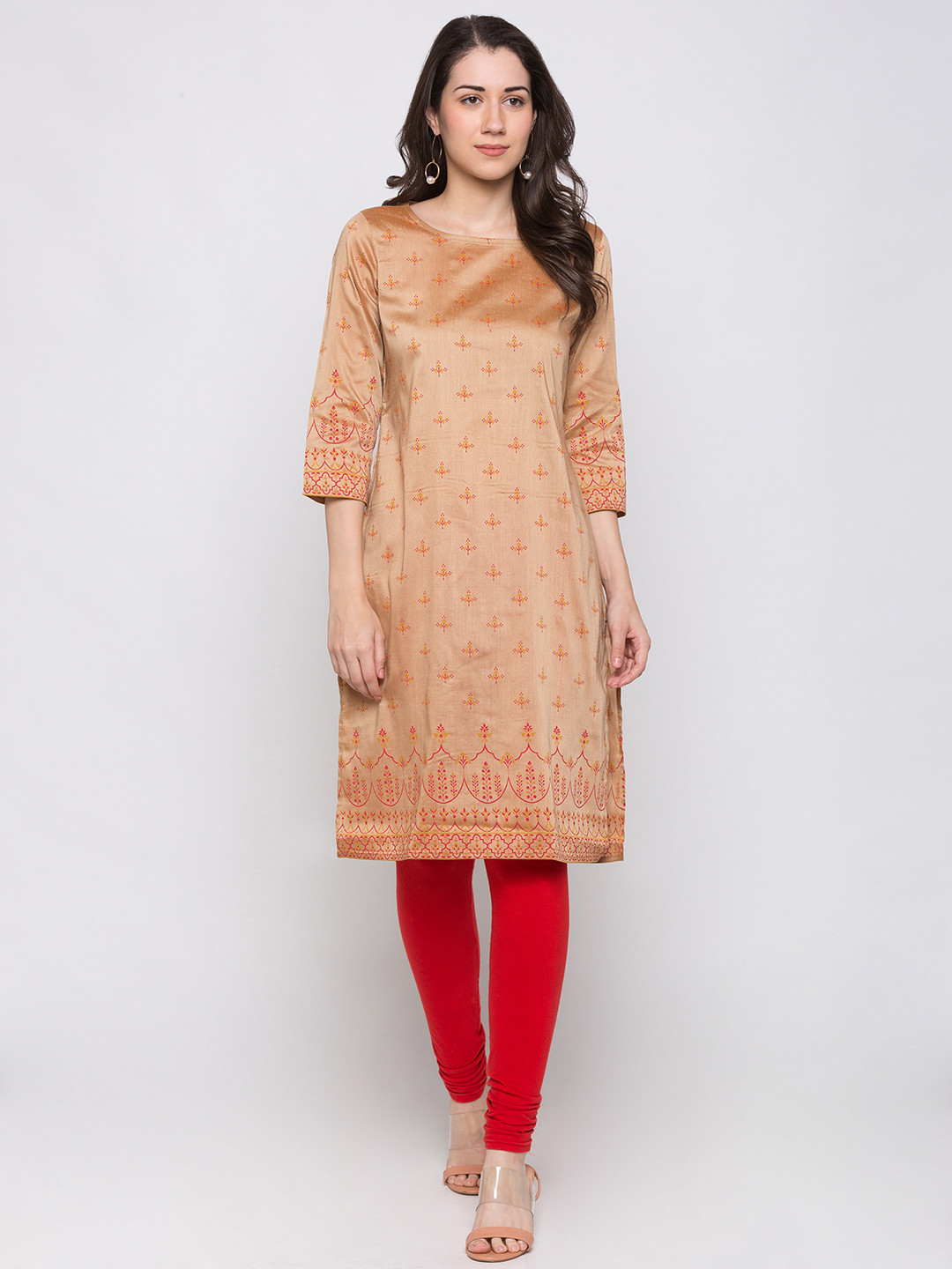 

Globus Women Beige & Red Woven Design A-Line Kurta