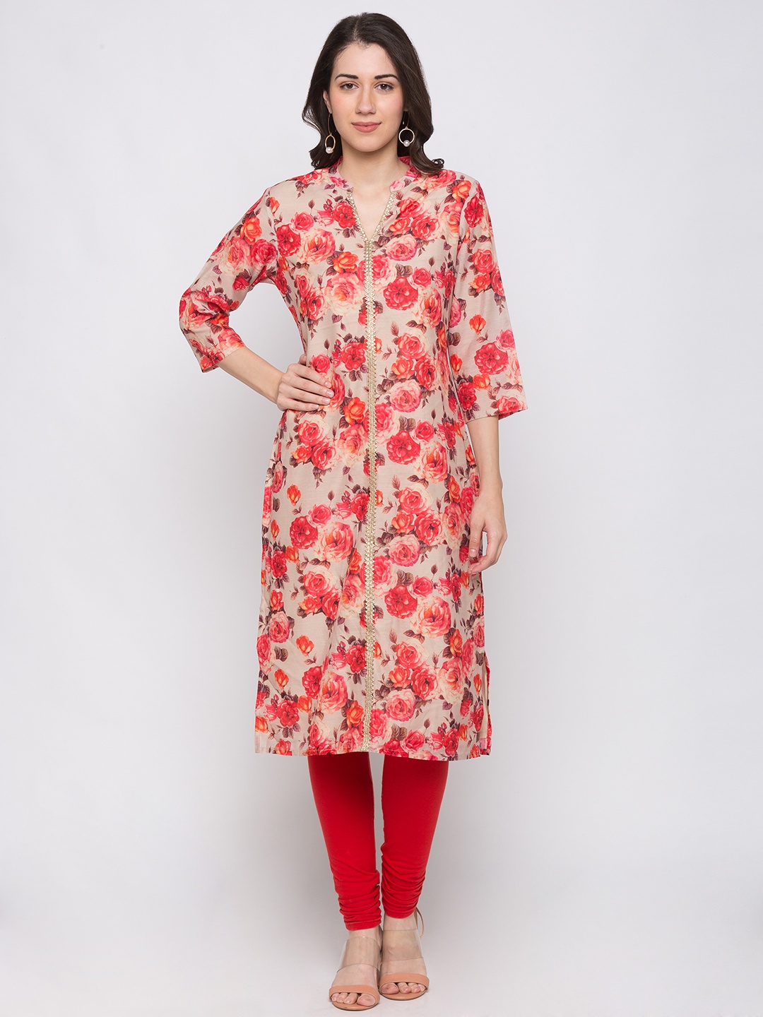 

Globus Women Beige & Red Floral Printed Straight Kurta