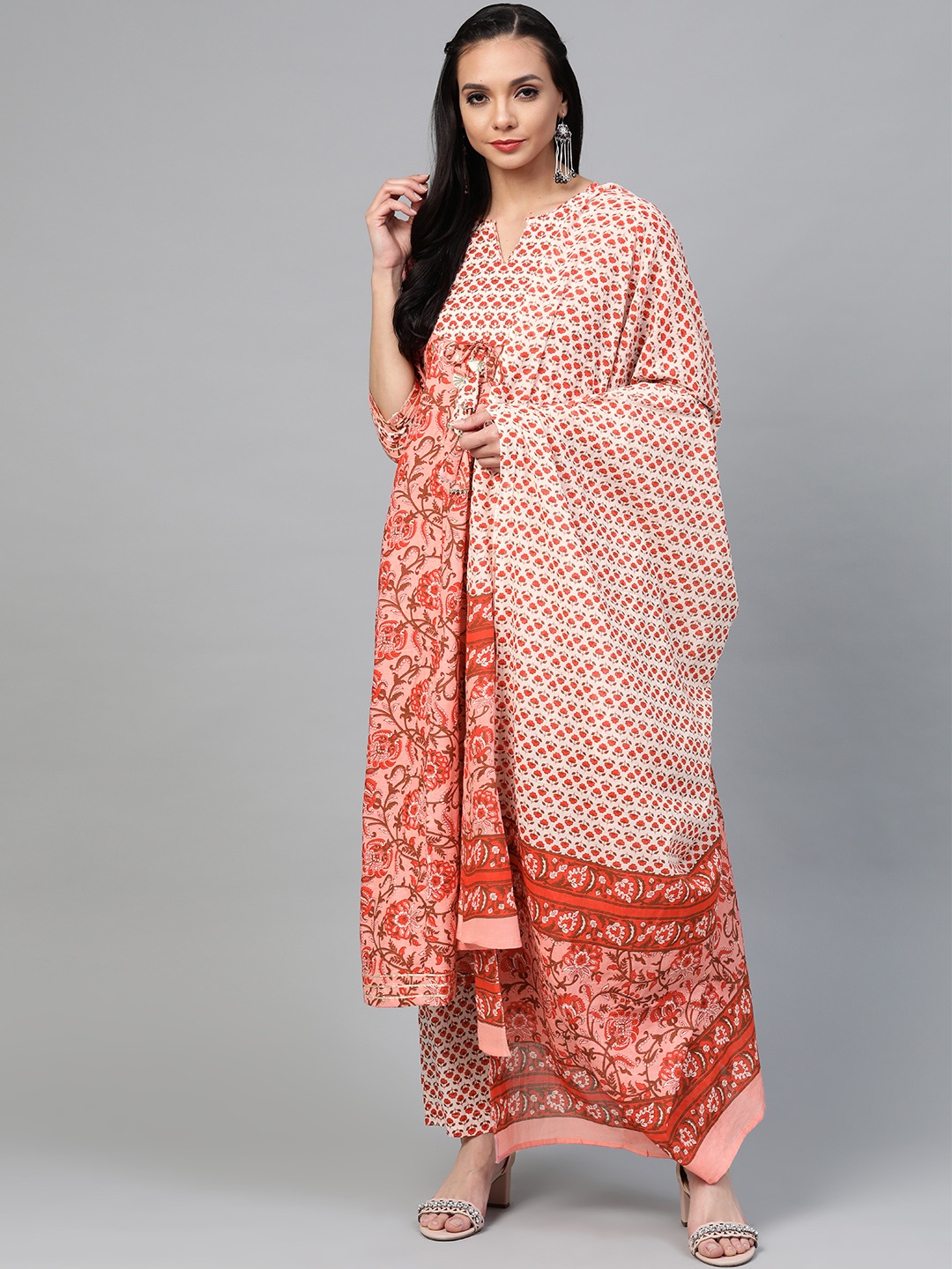 

Yuris Women Pink & Red Printed Pure Cotton Kurta with Trousers & Dupatta