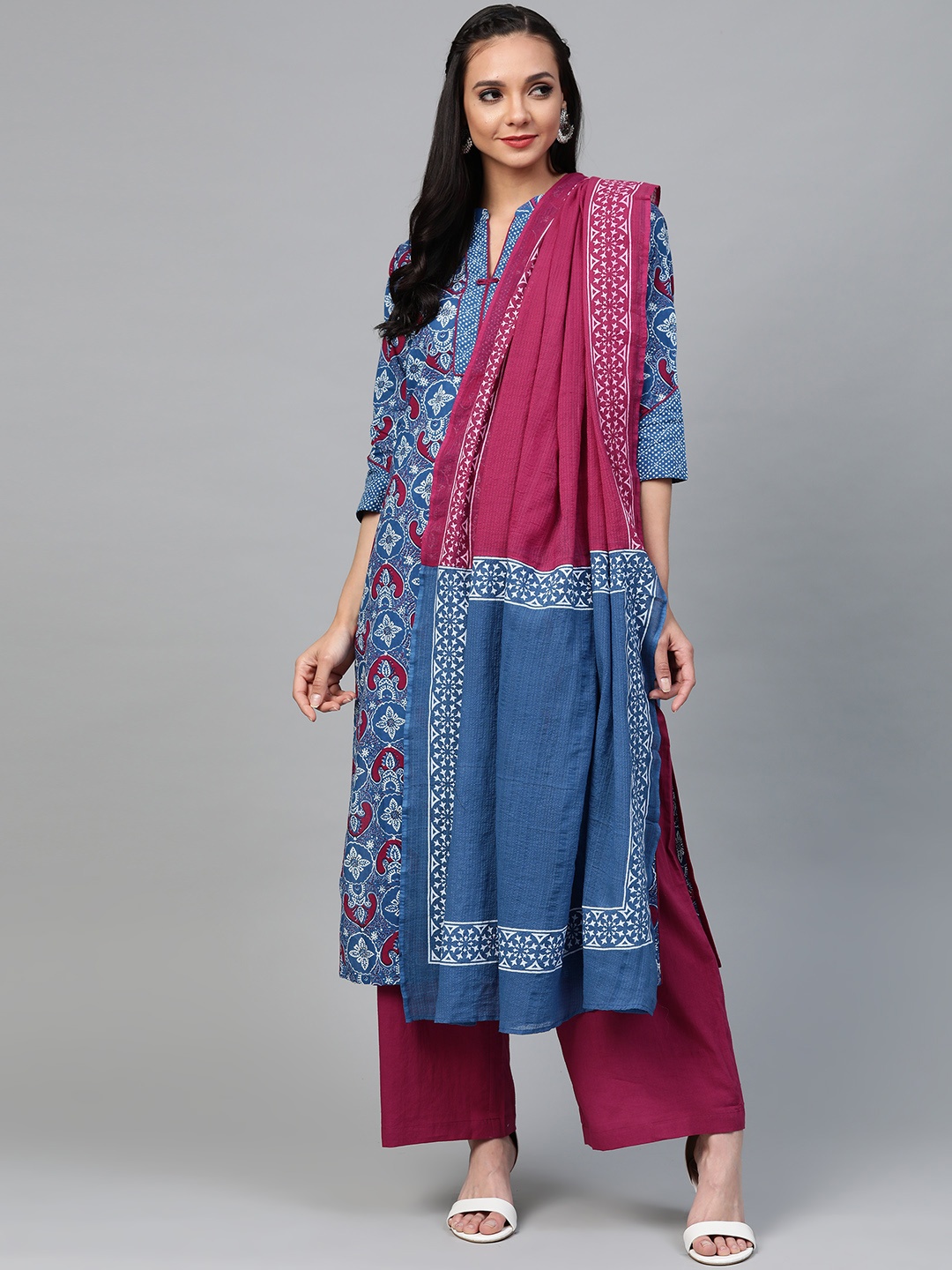 

Yuris Women Blue & Magenta Printed Kurta with Palazzos & Dupatta