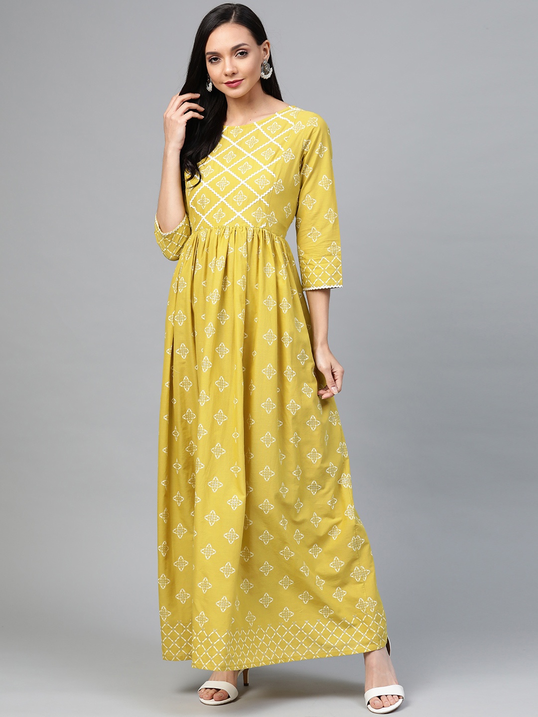 

Yuris Women Mustard Yellow & White Pure Cotton Printed Maxi Dress