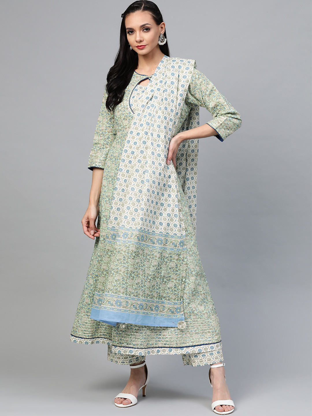 

Yuris Women Sea Green & Blue Printed Pure Cotton Kurta with Trousers & Dupatta