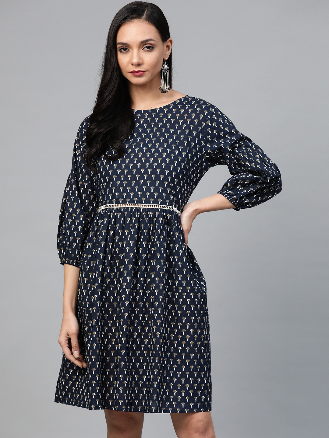 

Yuris Women Navy Blue & Grey Pure Cotton Printed A-Line Dress