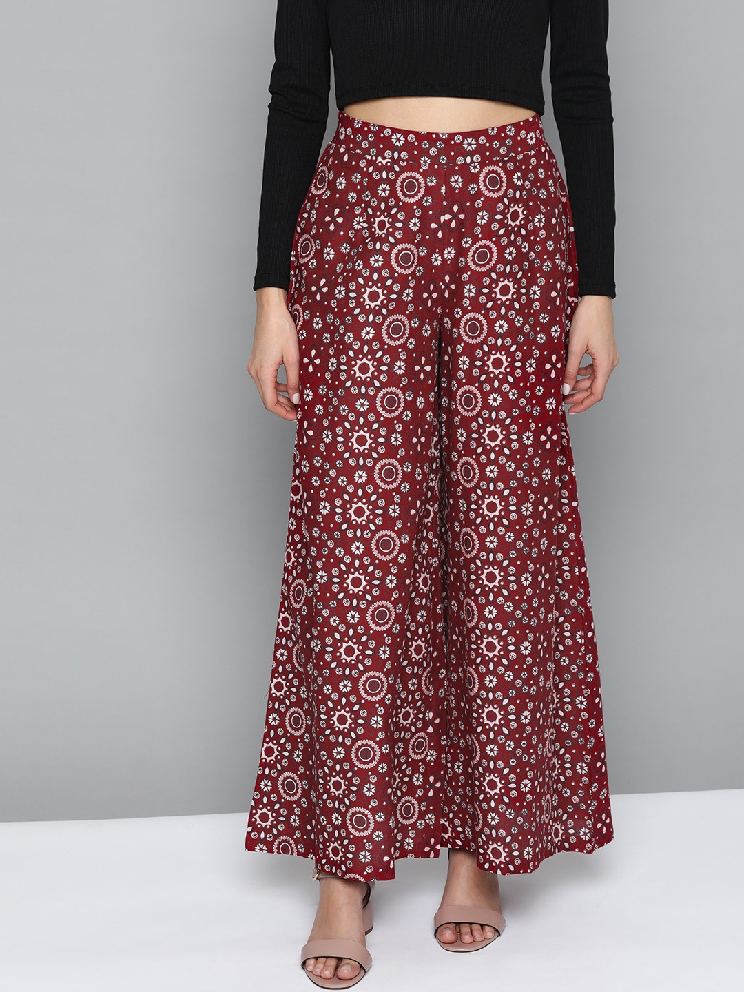 

HERE&NOW Women Maroon & White Printed Pure Cotton Flared Palazzos