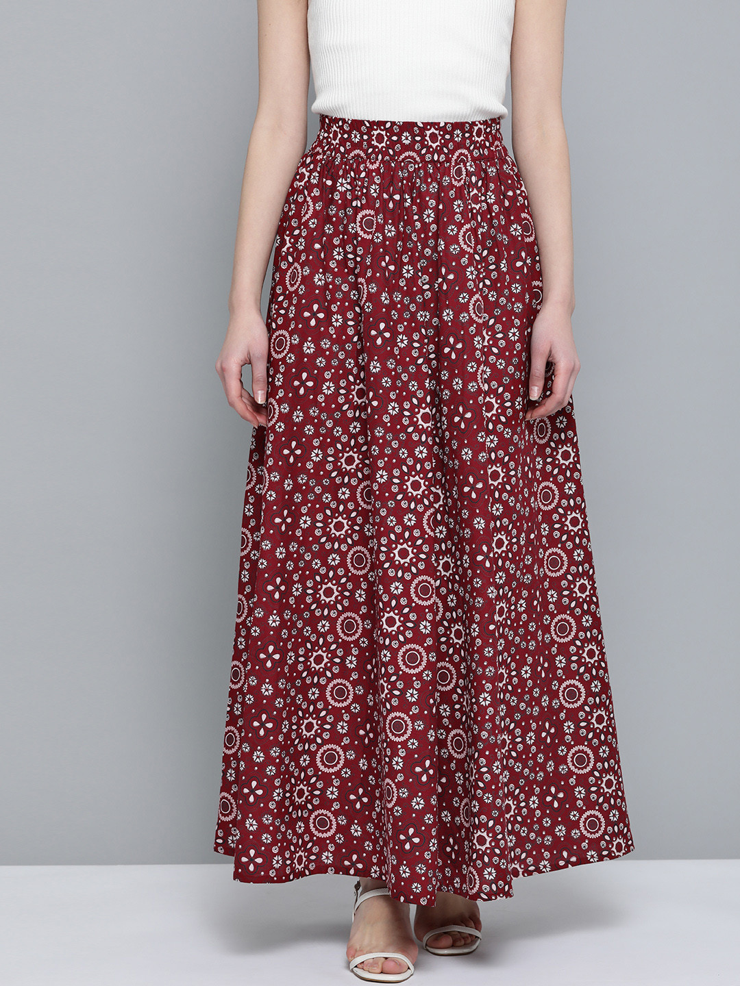 

HERE&NOW Women Maroon & White Printed Maxi Flared Pure Cotton Skirt