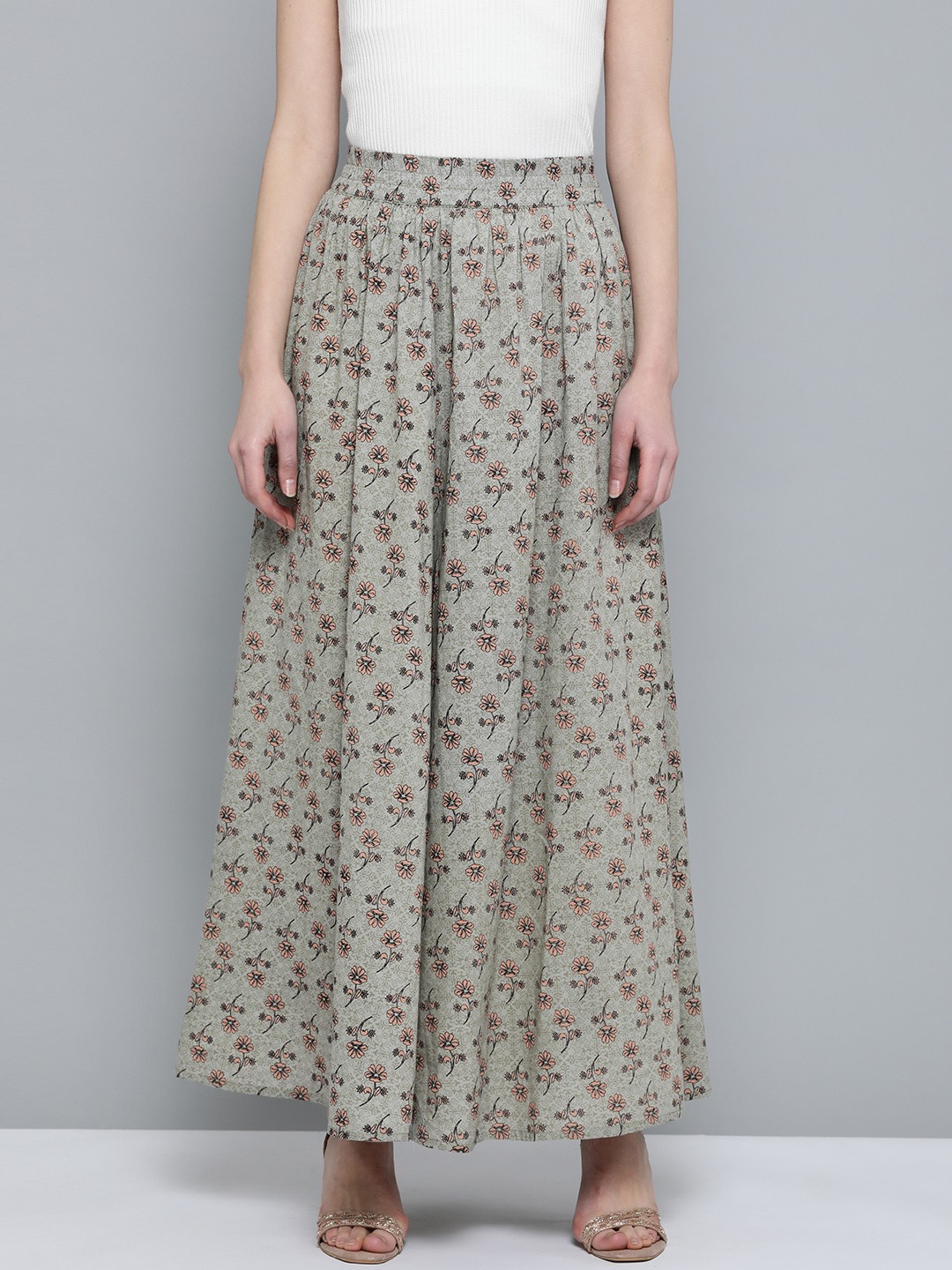 

HERE&NOW Women Green & Peach-Coloured Floral Print Maxi Flared Pure Cotton Skirt