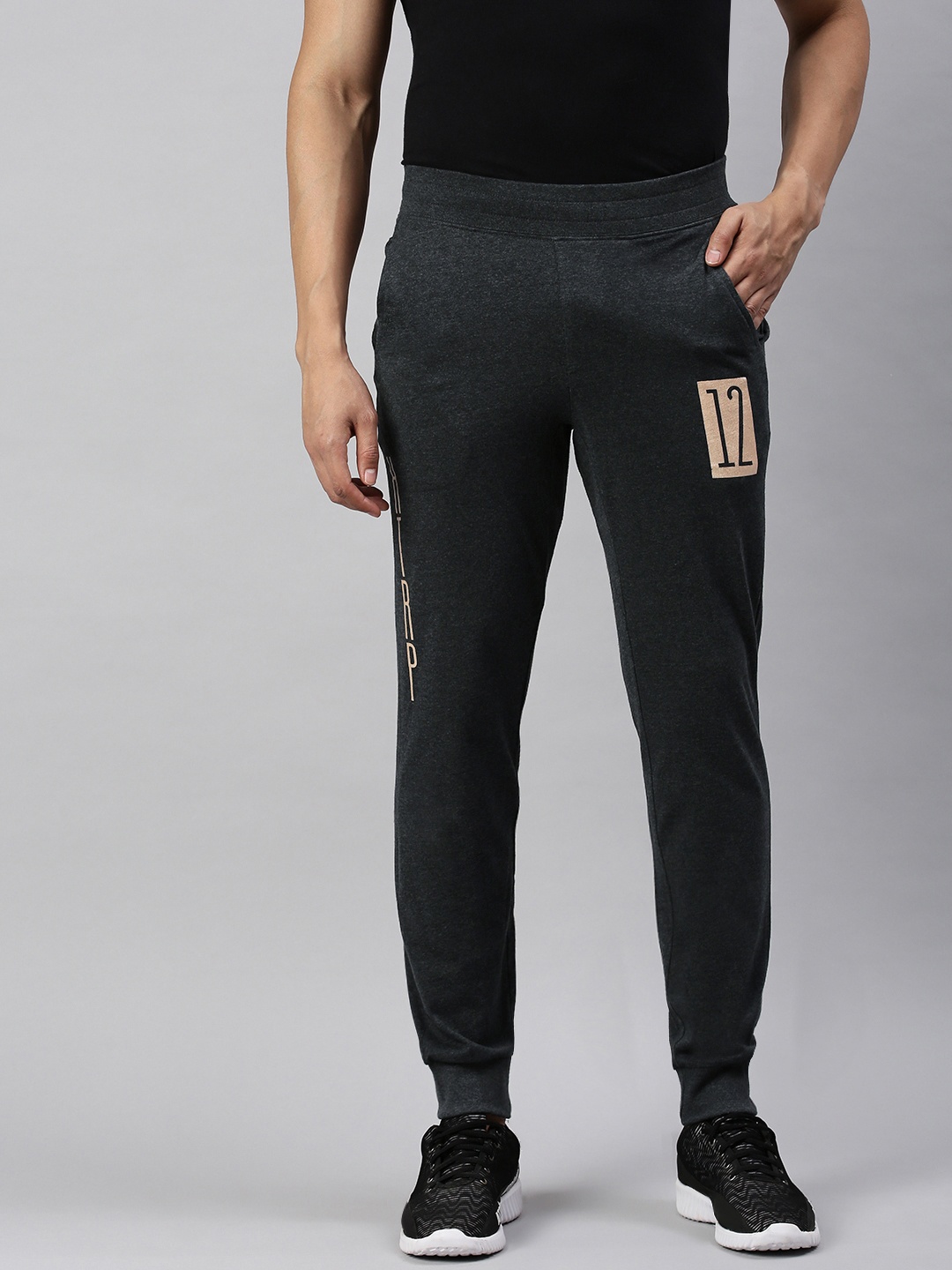 

Huetrap Mens Charcoal Melange Solid Knitted Sustainable Straight Fit Joggers