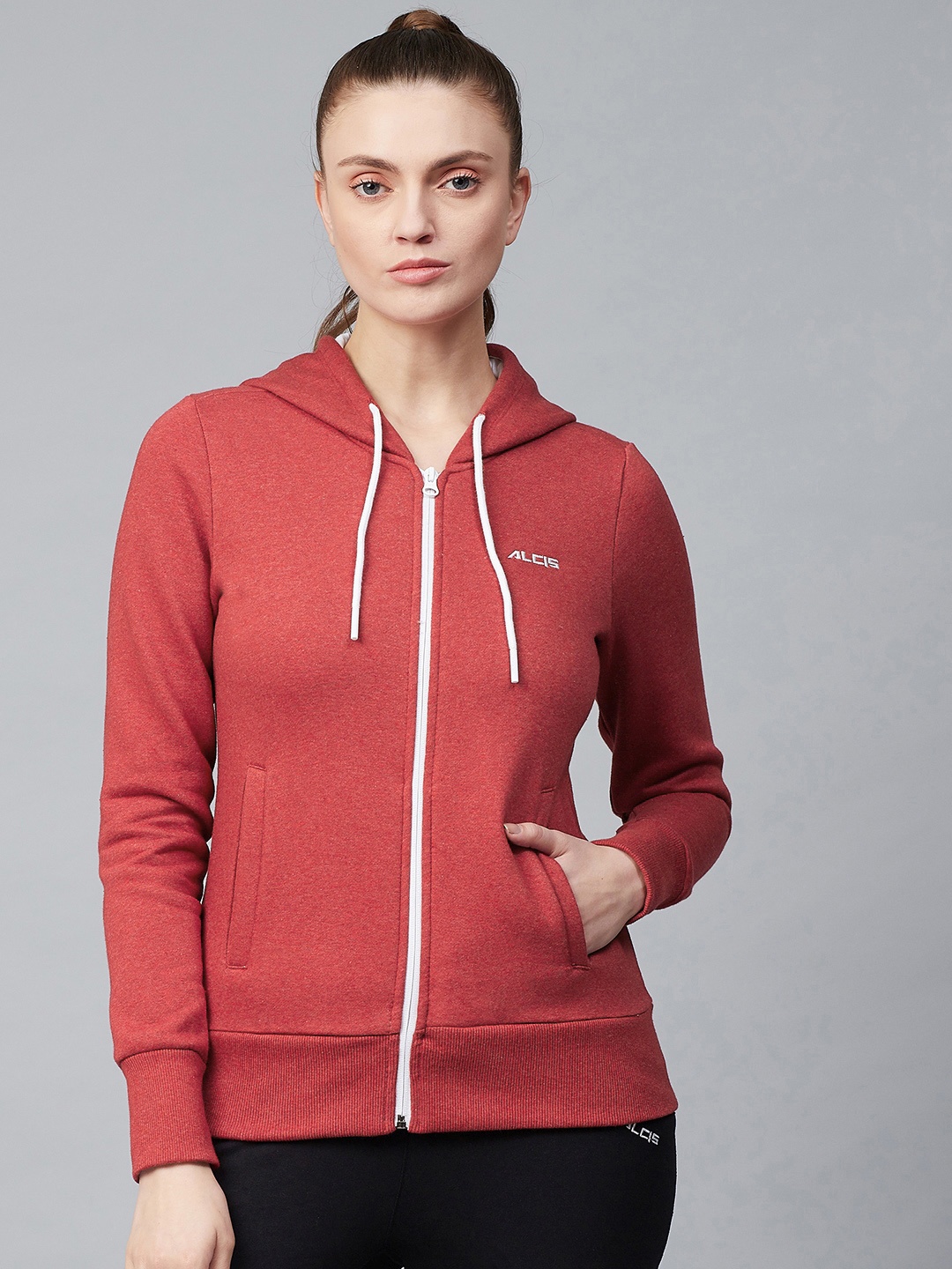 

Alcis Women Red Solid Hooded Front-Open Sweatshirt