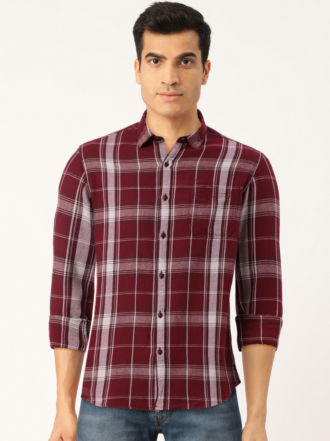 

Flying Machine Men Maroon & White Slim Fit Checked Casual Shirt