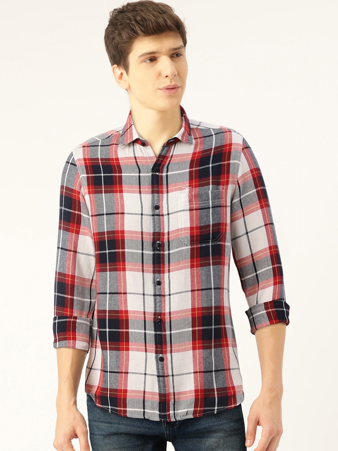

Flying Machine Men Red & White Slim Fit Checked Casual Sustainable Shirt