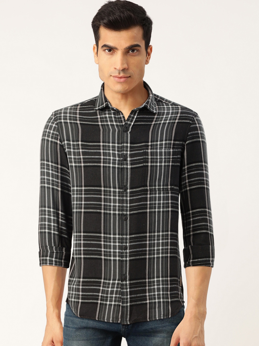 

Flying Machine Men Charcoal Grey & White Slim Fit Checked Casual Sustainable Shirt