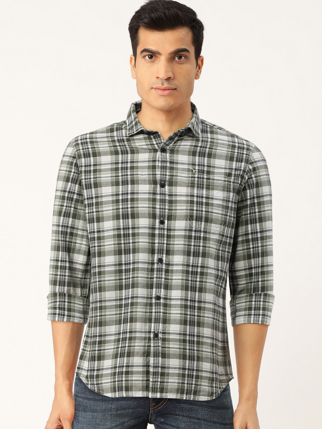 

Flying Machine Men Olive Green & White Slim Fit Checked Casual Shirt