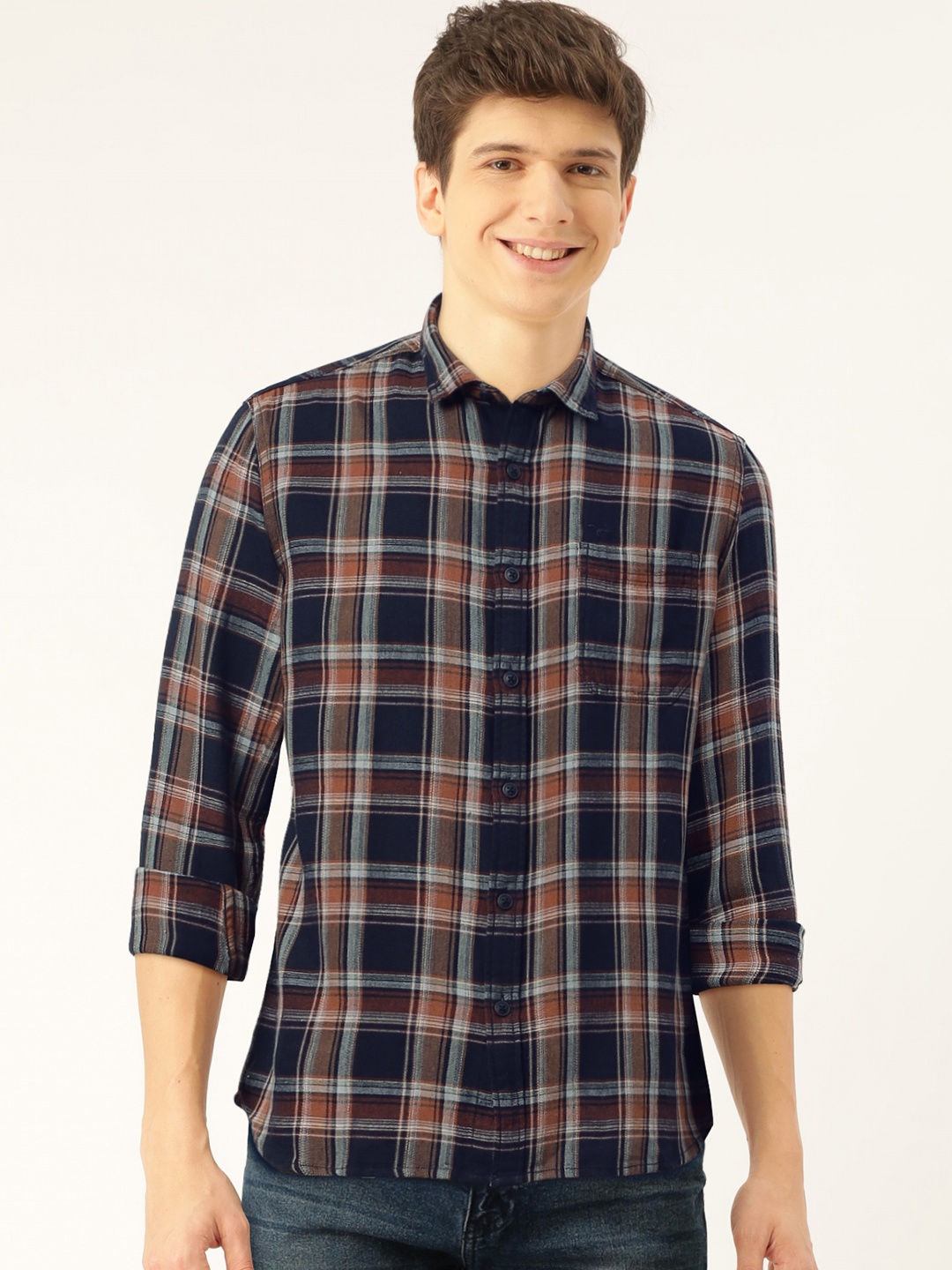 

Flying Machine Men Navy Blue & Brown Slim Fit Checked Casual Shirt