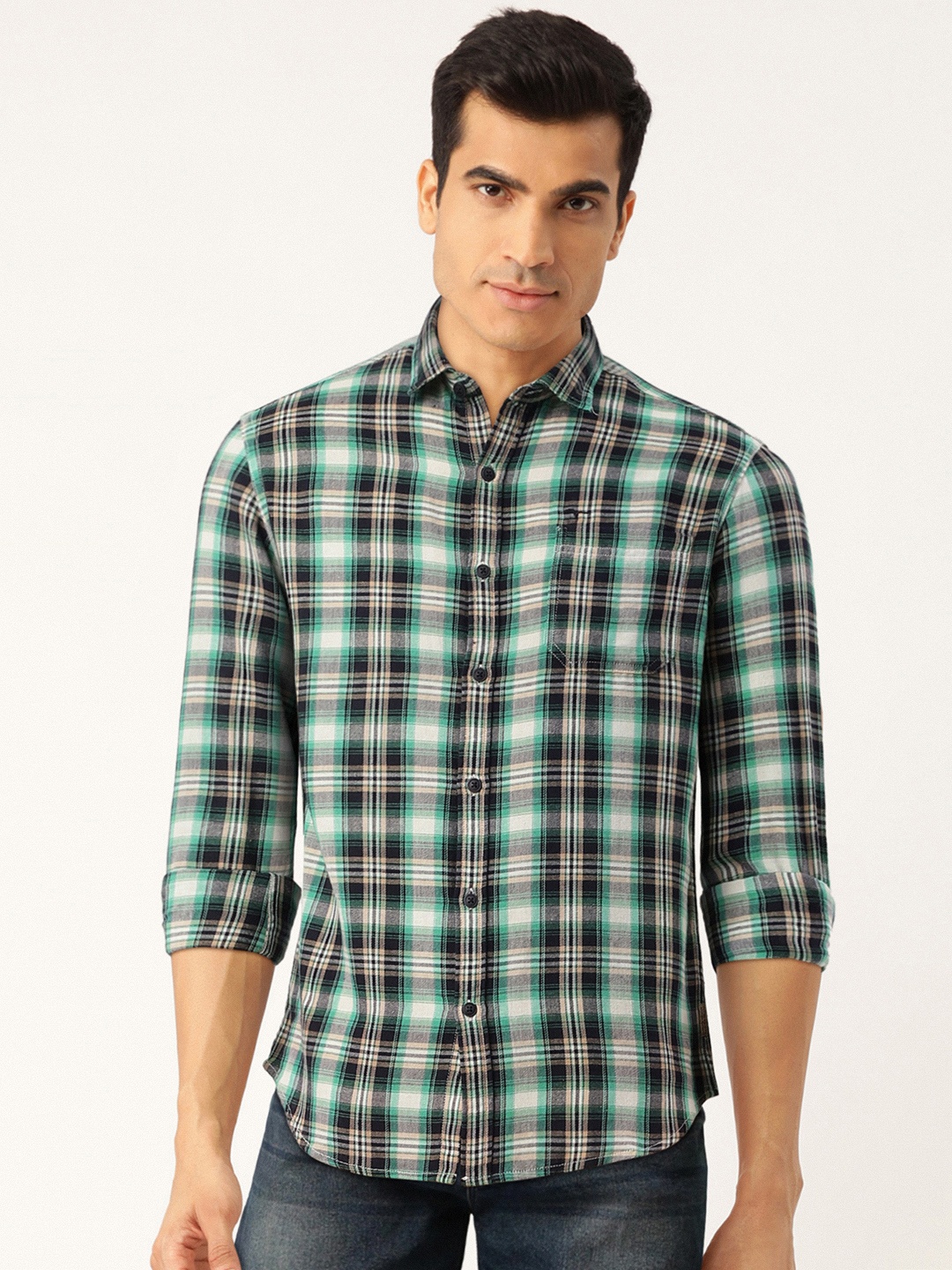 

Flying Machine Men Green & Black Slim Fit Checked Casual Shirt
