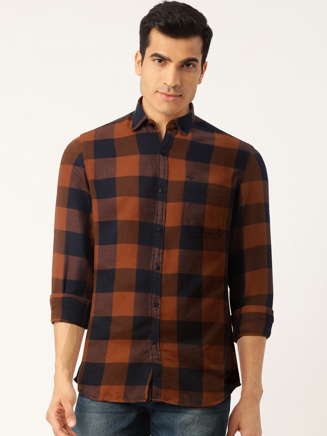 

Flying Machine Men Rust & Navy Blue Slim Fit Checked Casual Shirt