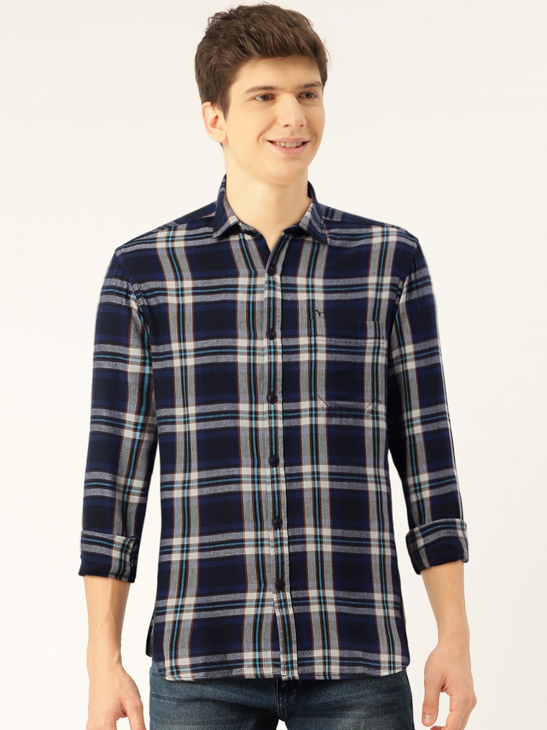

Flying Machine Men Navy Blue & White Slim Fit Checked Casual Sustainable Shirt