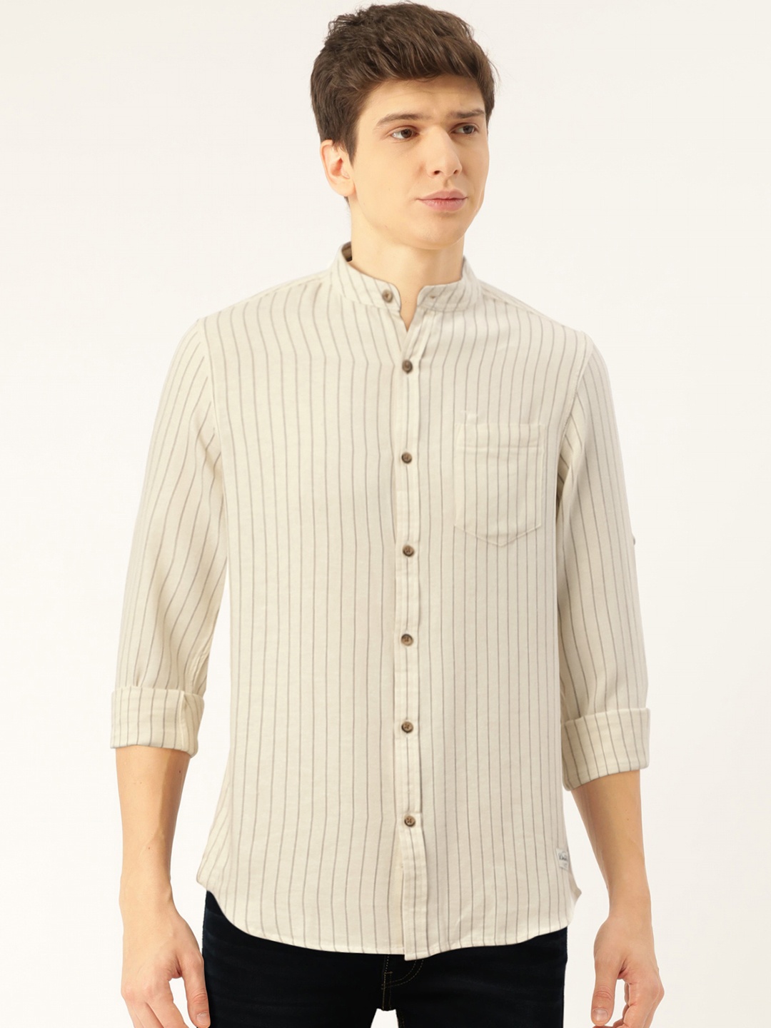 

Flying Machine Men Off-White & Black Slim Fit Striped Casual Shirt