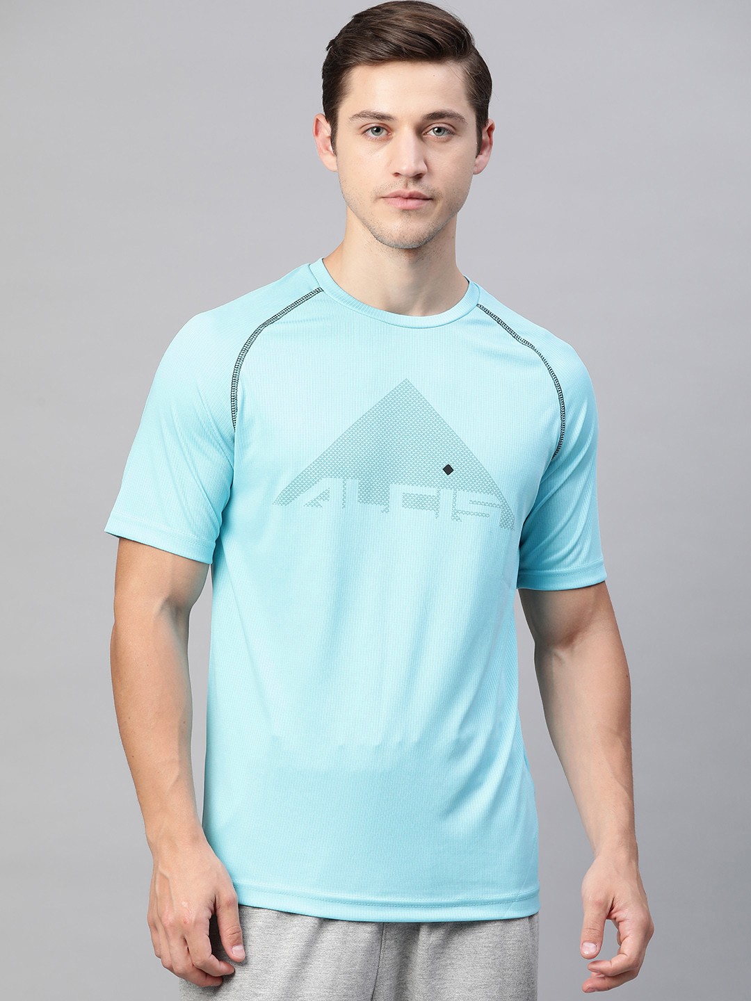 

Alcis Men Blue & Grey Brand Logo Print Slim Fit Round Neck Sports T-shirt