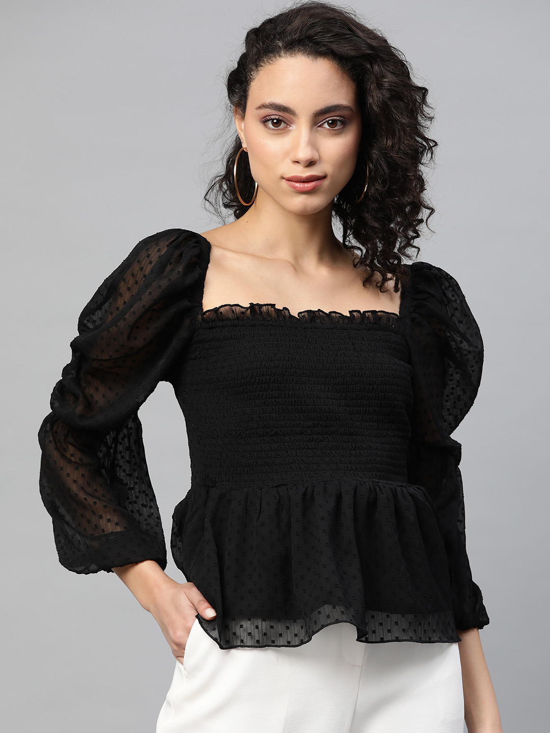 

plusS Women Black Self-Design Smocked Peplum Top